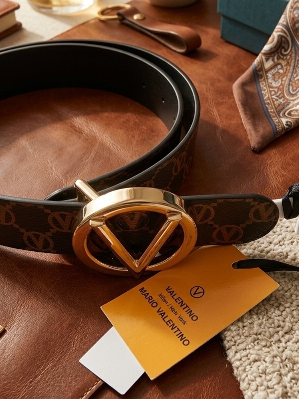Mario Valentino Guisy Monogram Black Leather Belt with Goldtone V Buckle Size L